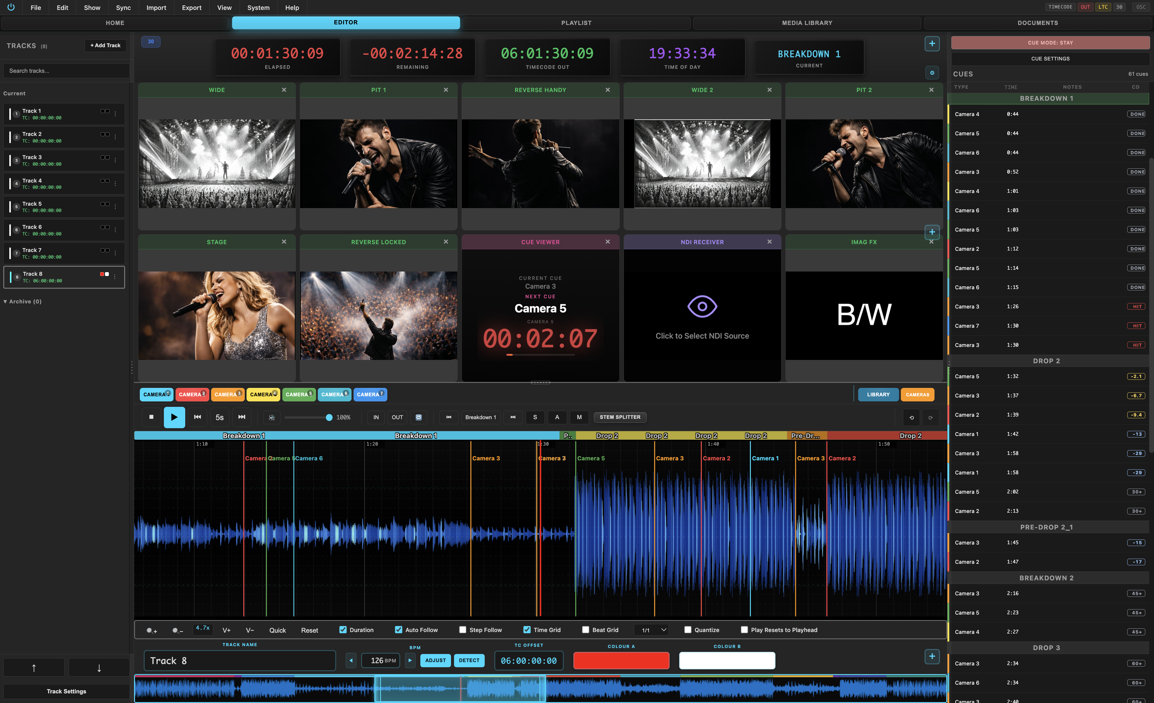 Cuedini Camera Plan - visual shot storyboard with camera positions and cue assignments