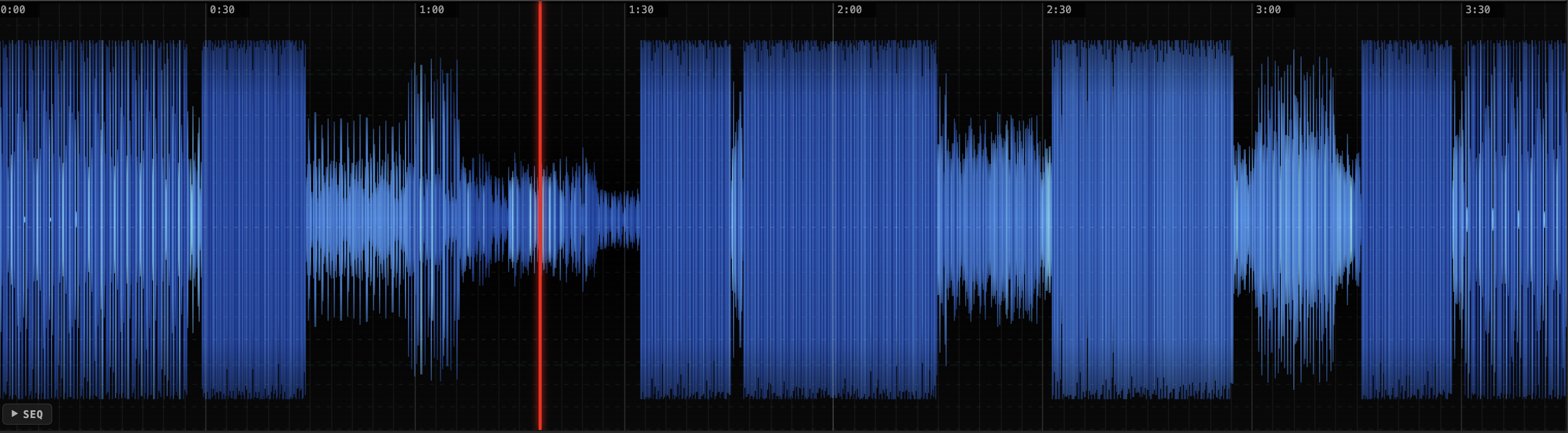 Cuedini triband frequency waveform - full track overview with time grid and red playhead