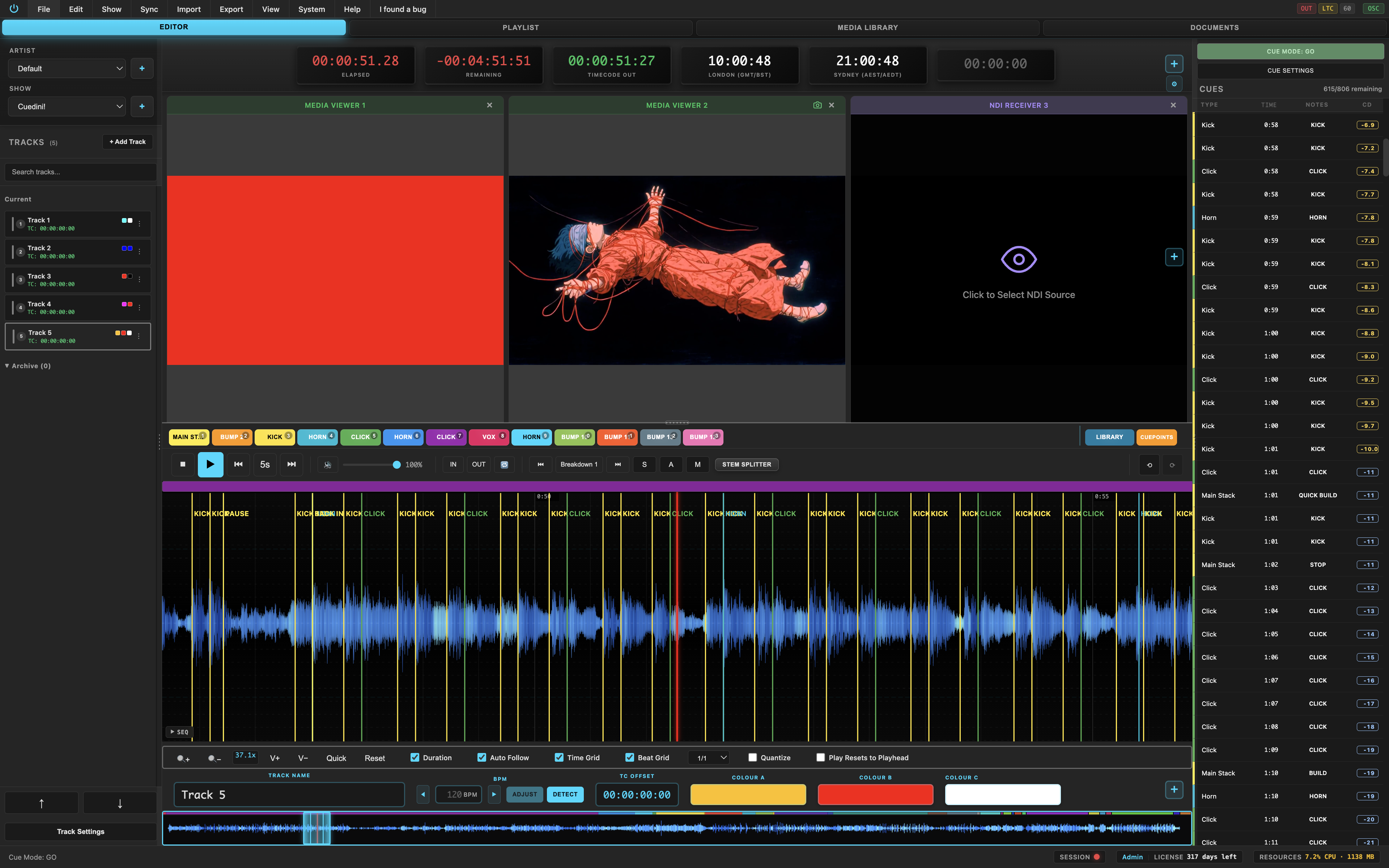 Cuedini - full interface with editor, clocks, media viewers, waveform, cue list and transport controls