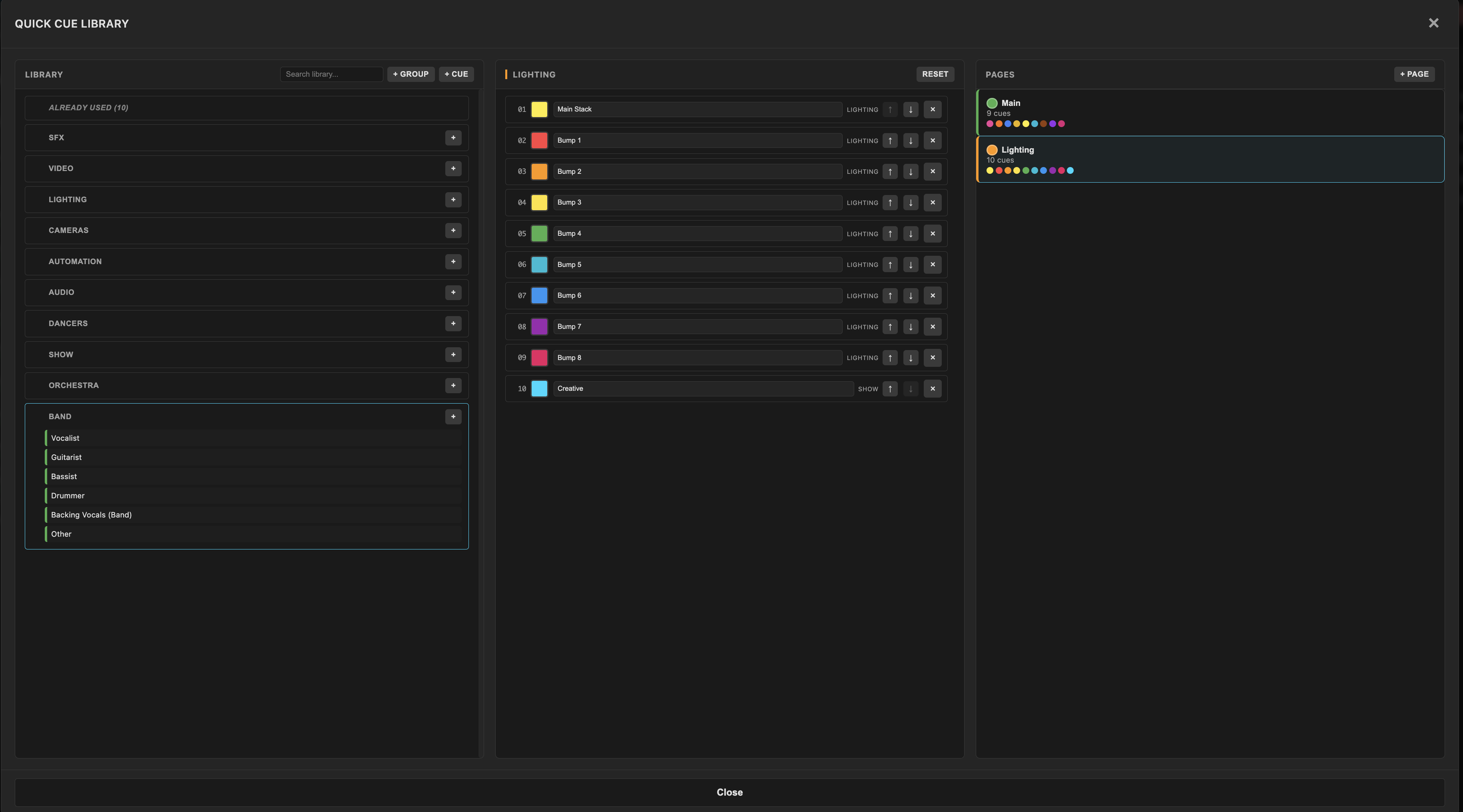 Cuedini Quick Cue Library - SFX, Video, Lighting, Cameras, Automation, Audio, Dancers, Show, Orchestra, Band departments with pages